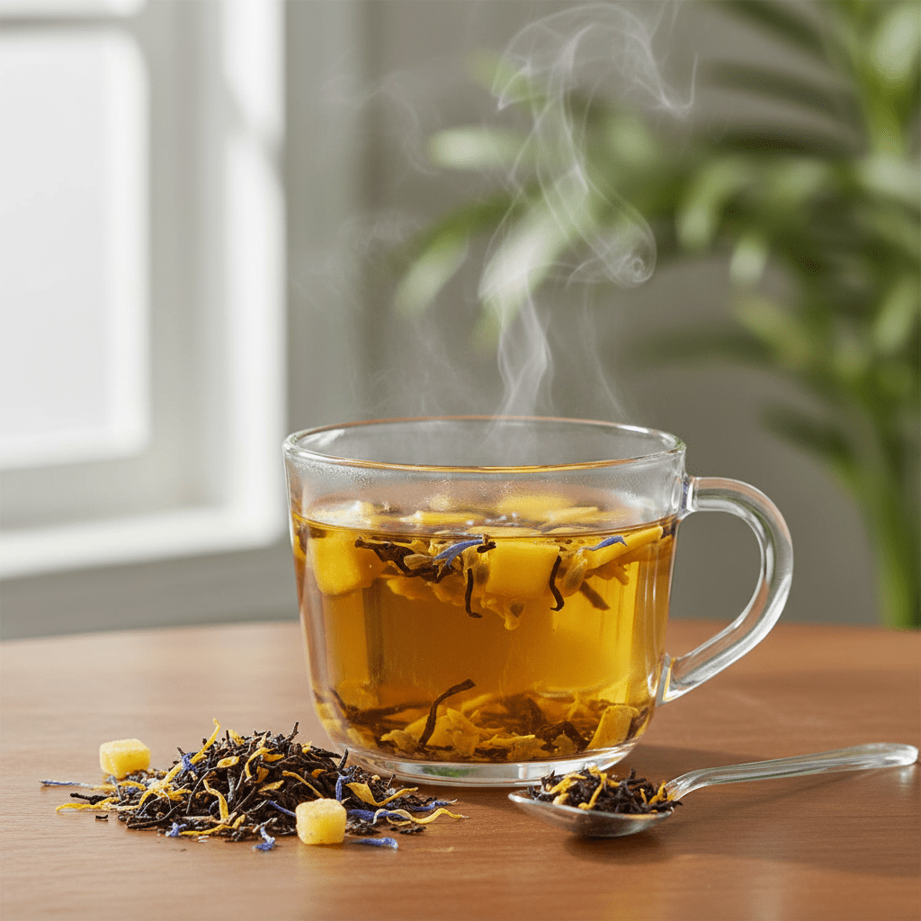 Bryggt Mango Passion Fruit te – gyllene tropisk kopp