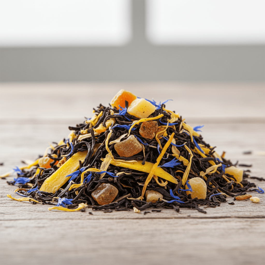 Närbild löste Mango Passion Fruit – exotiska fruktbitar och ringblomma